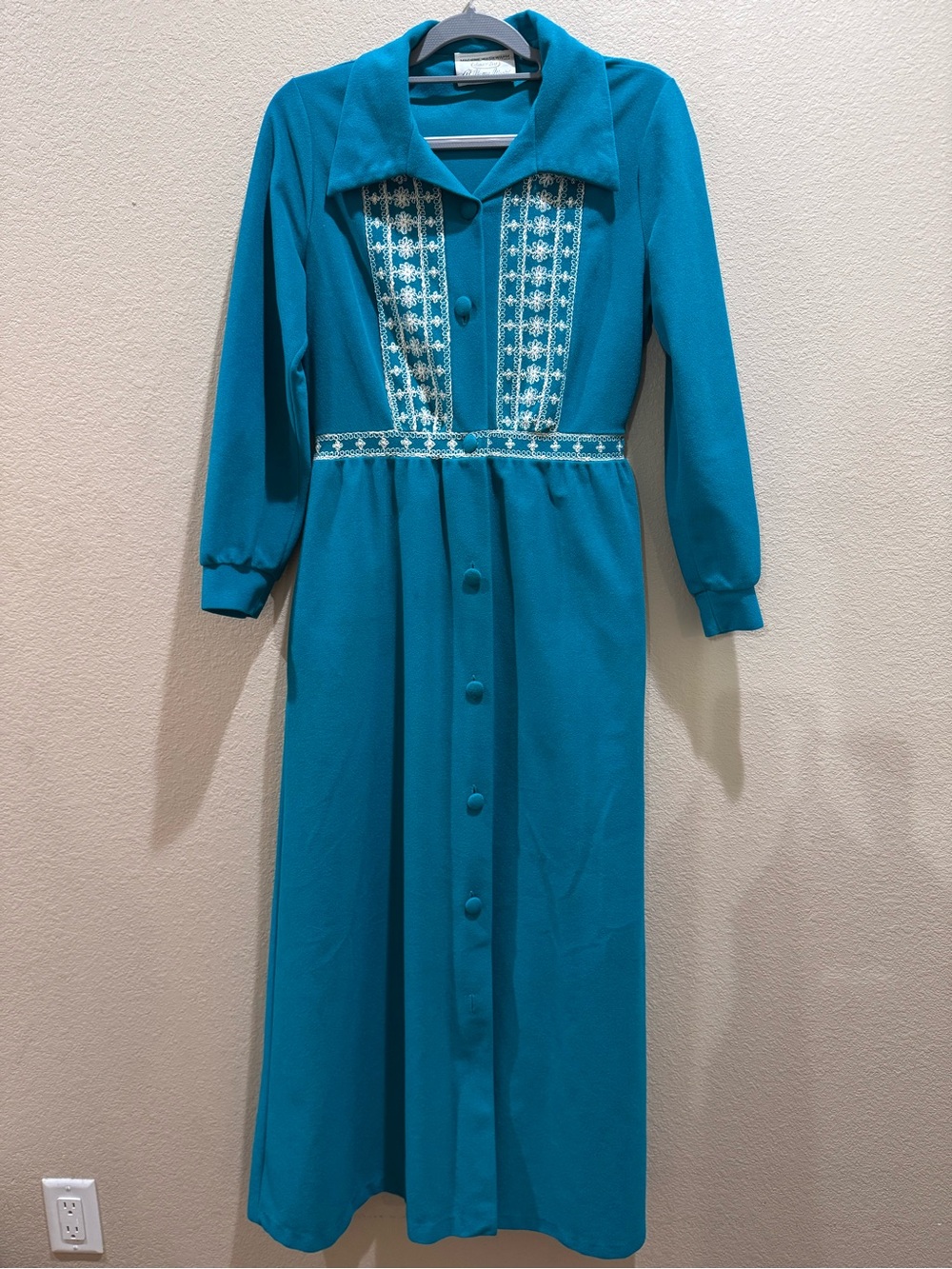 Vintage 70s Sears Best Teal Embroidered Maxi House Dress Robe